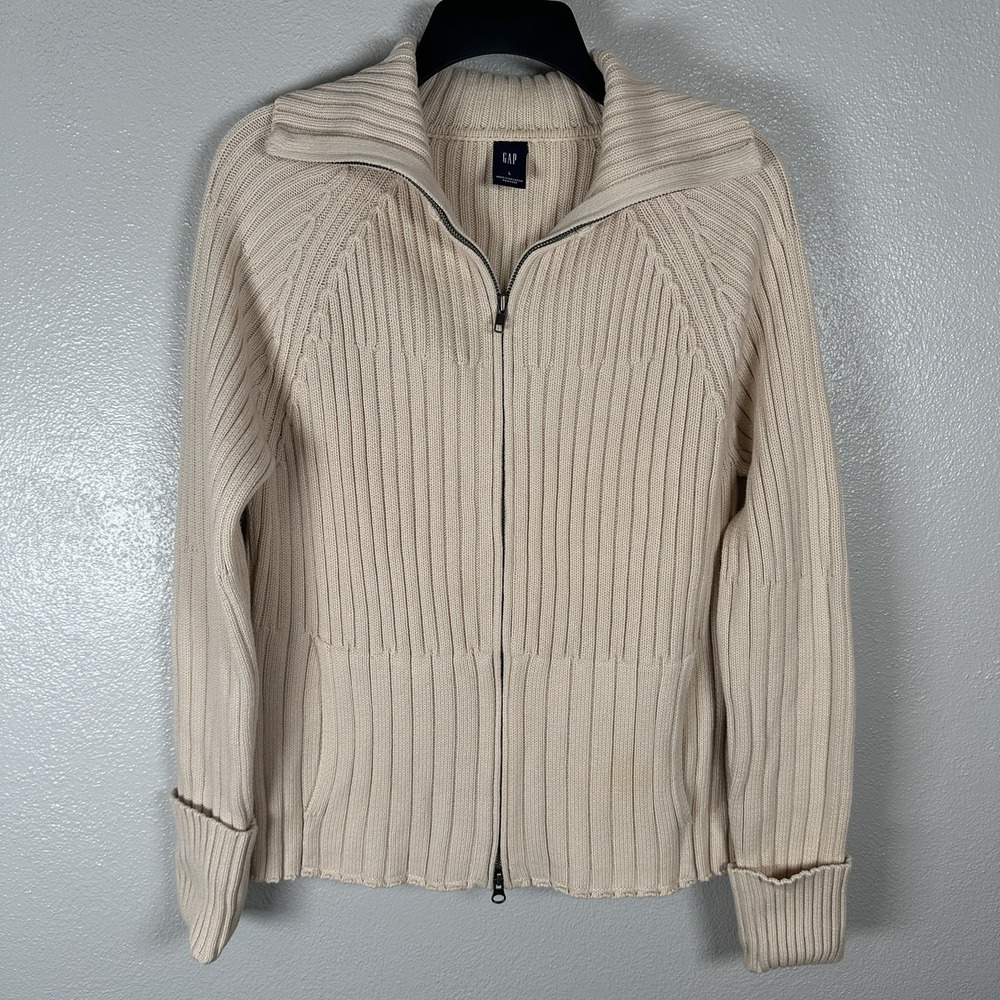 Vintage Gap Ribbed Knit Full Zip Cardigan Sweater Womens Large Beige 100% Cotton